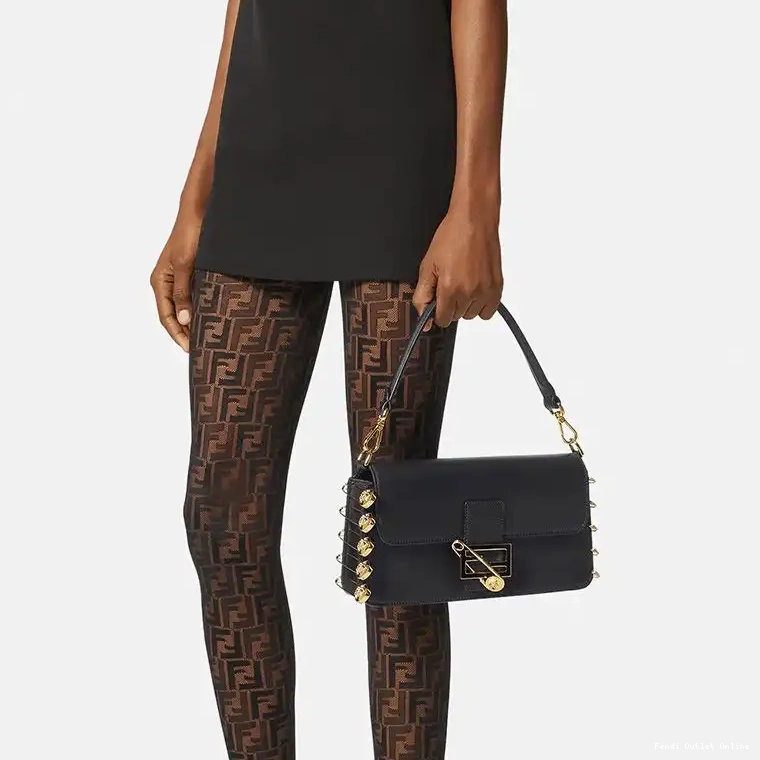 Cheap Leather Baguette Calf Fendi Pin Bag with Fendace Brooches Medium In Black 0503